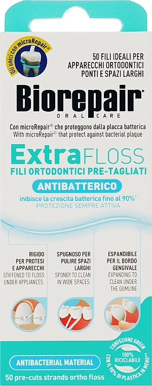 Nić dentystyczna, 50 szt. - Biorepair Extra Floss 50 Fili Ortodontici Pre-Tagliati Antibatterico — Zdjęcie N1
