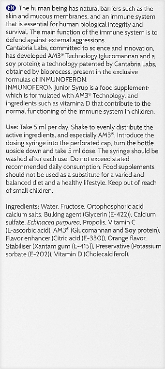 Suplement diety na utrzymanie odporności dzieci w syropie - Cantabria Labs Inmunoferon Junior Syrup — Zdjęcie N3