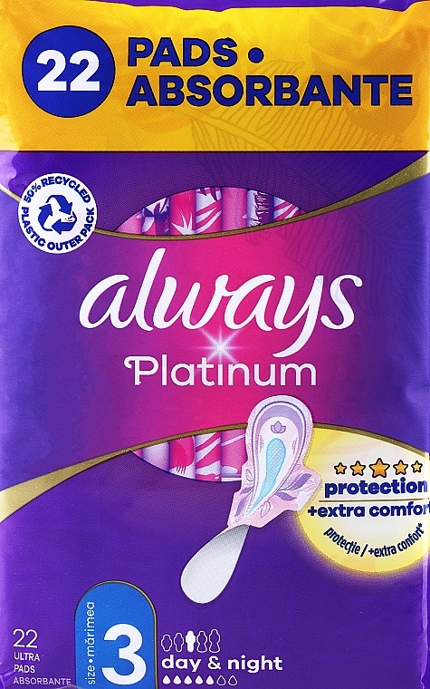 Podpaski higieniczne, rozmiar 3, 22 sztuk - Always Platinum Protection +Extra Comfort Day&Night  — Zdjęcie N1