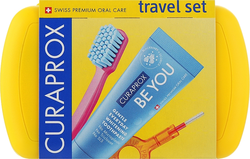 Zestaw podróżny do higieny jamy ustnej, żółty - Curaprox Be You (tbr/1szt + paste/10ml + 2xbrush/1szt + acc + bag) — Zdjęcie N1