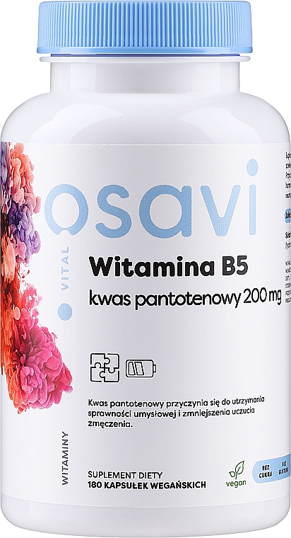 Suplement diety w kapsułkach Witamina B5 + kwas pantotenowy 200 mg - Osavi Vitamin B5 Pantothenic Acid — Zdjęcie N1