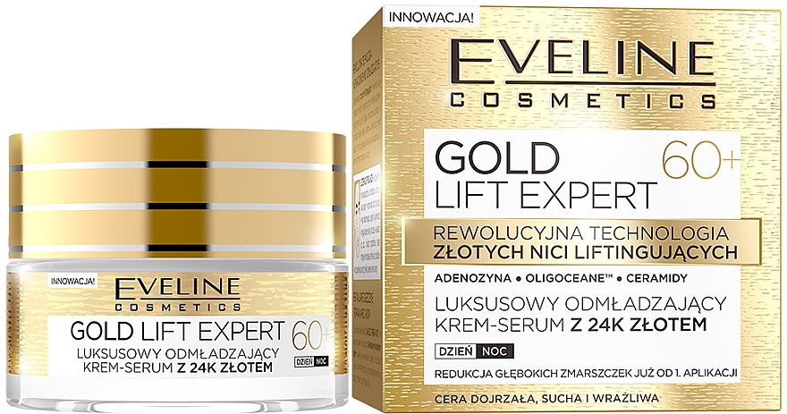 Luksusowy odmładzający krem-serum z 24k złotem na dzień i na noc 60+ - Eveline Cosmetics Gold Lift Expert
