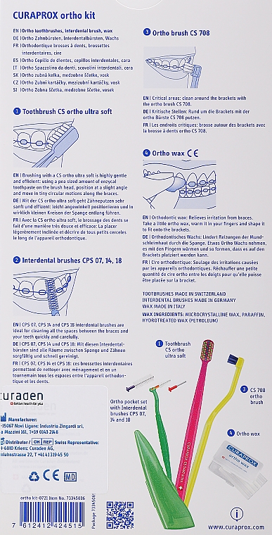 Zestaw do zębów, zielony+pomarańczowy - Curaprox Ortho Kit (brush/1pcs + brushes 07,14,18/3pcs + UHS/1pcs + orthod/wax/1pcs + box) — Zdjęcie N2