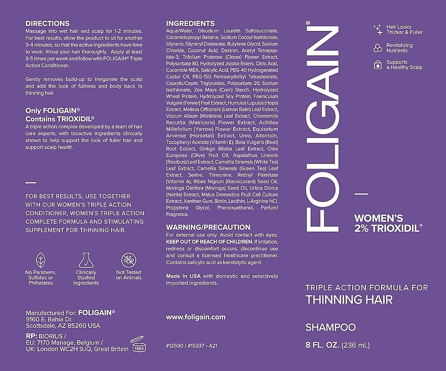 Szampon przeciw wypadaniu włosów dla kobiet - Foligain Women's Triple Action Shampoo For Thinning Hair — Zdjęcie N3