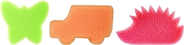 Zestaw gąbek do kąpieli dla dzieci, 3 szt., zielony motyl+pomarańczowy samochód+różowy jeż - Ewimark — Zdjęcie N1