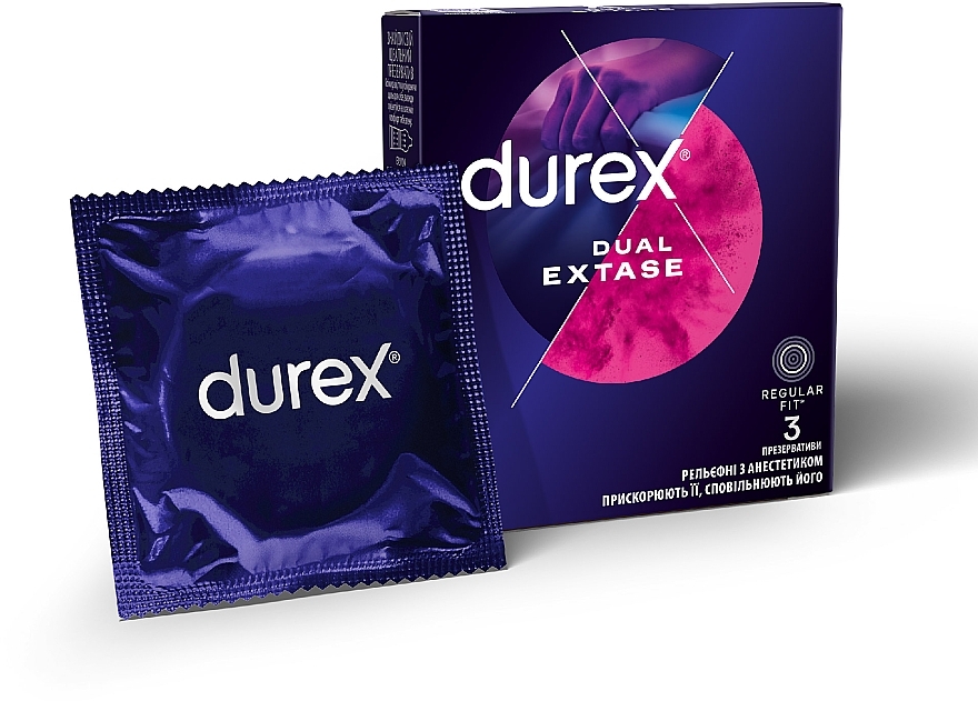 Prezerwatywy lateksowe z lubrykantem silikonowym, z wytłoczonym środkiem znieczulającym, 3 szt. - Durex Dual Extase