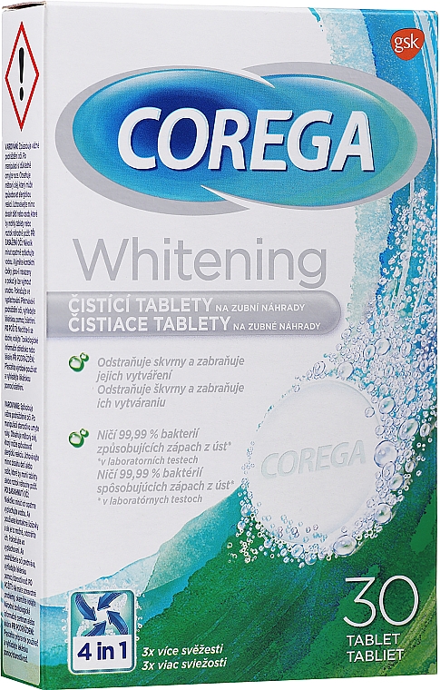 Aktywne wybielające tabletki czyszczące do protez dentystycznych - Corega Whitening Tabs — Zdjęcie N1