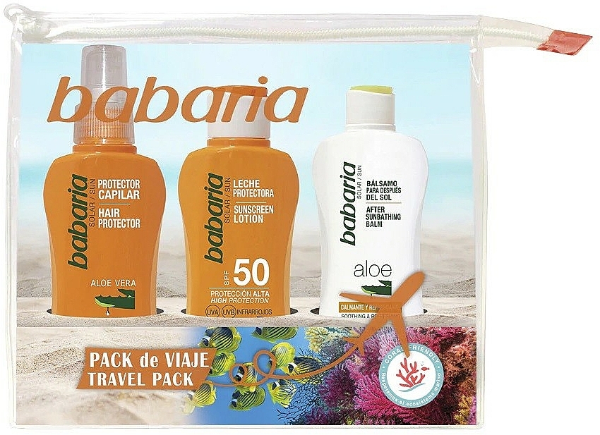 Zestaw podróżny do opalania - Babaria Travel (milk/100ml + h/spray/100ml + balm/100ml) — Zdjęcie N1