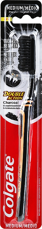 Szczoteczka do zębów z węglem aktywnym, średnia twardość, czarno-pomarańczowa - Colgate Double Action Charcoal Medium Toothbrush — Zdjęcie N1