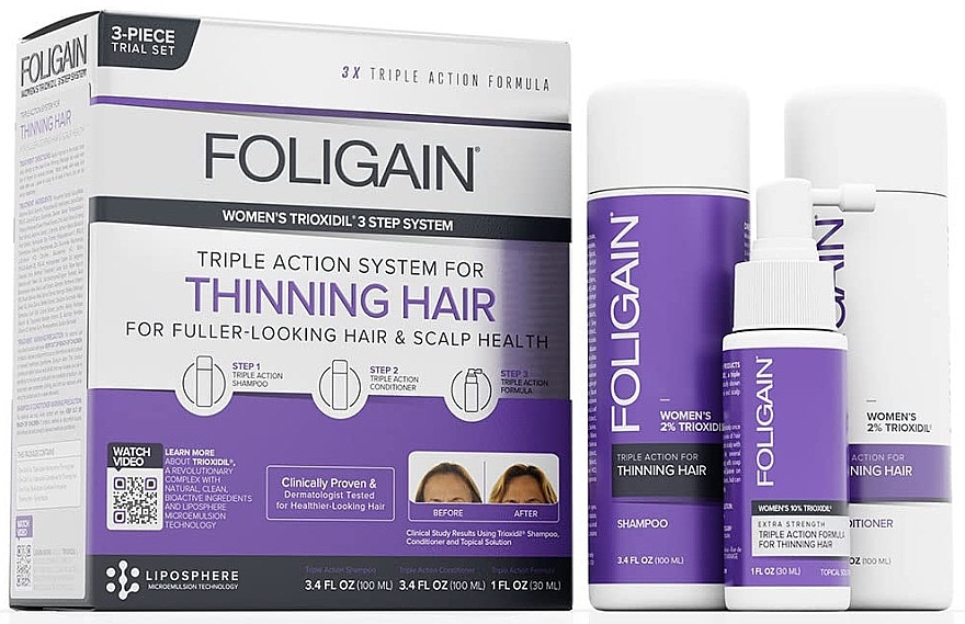 Zestaw - Foligain Triple Action Hair Care System For Women (shmp/100ml + cond/100ml + ser/30ml) — Zdjęcie N1