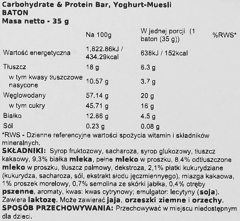 Baton proteinowy o smaku jogurtu z muesli - Weider Carbohydrate & Protein Bar Yoghurt-Muesli — Zdjęcie N3