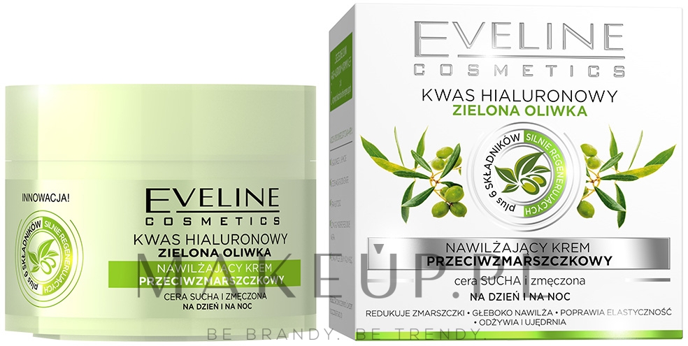 Nawilżający krem przeciwzmarszczkowy Kwas hialuronowy i zielona oliwka - Eveline Cosmetics — Zdjęcie 50 ml