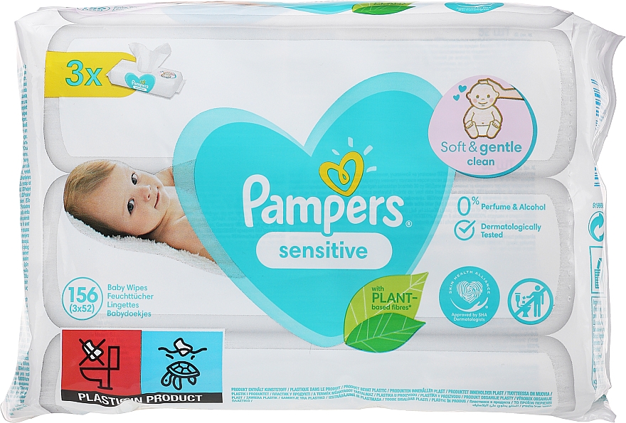 Chusteczki nawilżane dla niemowląt, 3 x 52 szt. - Pampers Sensitive — Zdjęcie N1