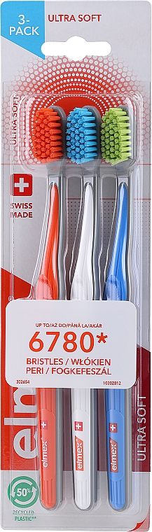 Szczoteczki do zębów ultra miękkie, pomarańczowa, biała, niebieska - Elmex Swiss Made — Zdjęcie N1