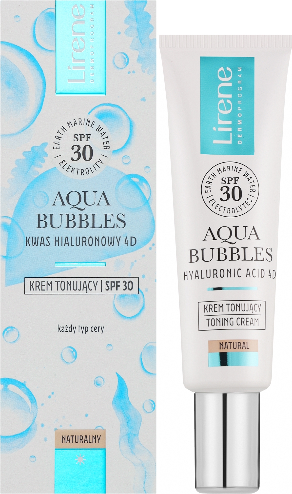 Koloryzujący krem przeciwsłoneczny do twarzy - Lirene Aqua Bubbles Toning Cream SPF 30 — Zdjęcie 30 ml