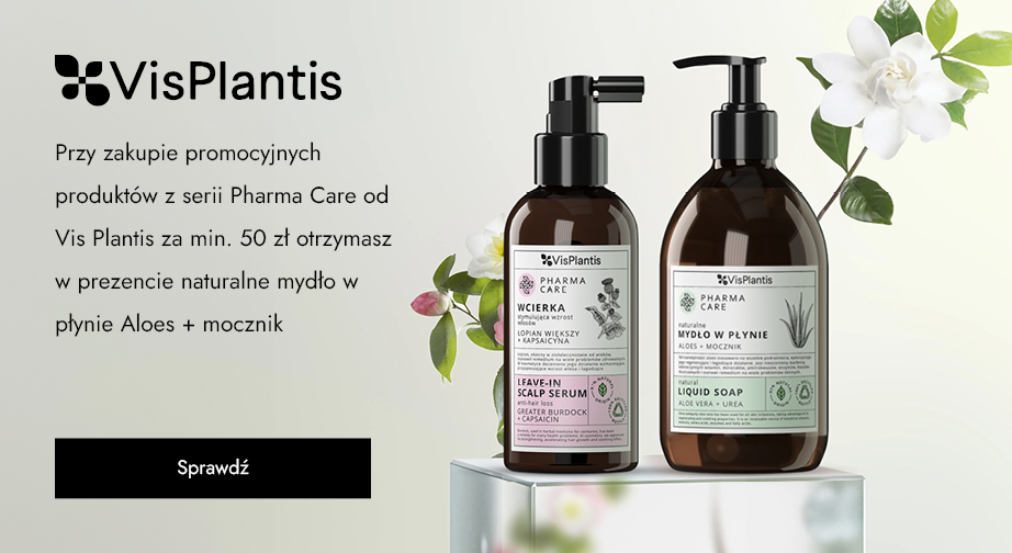Przy zakupie promocyjnych produktów z serii Pharma Care od Vis Plantis za min. 50 zł otrzymasz w prezencie naturalne mydło w płynie Aloes + mocznik.