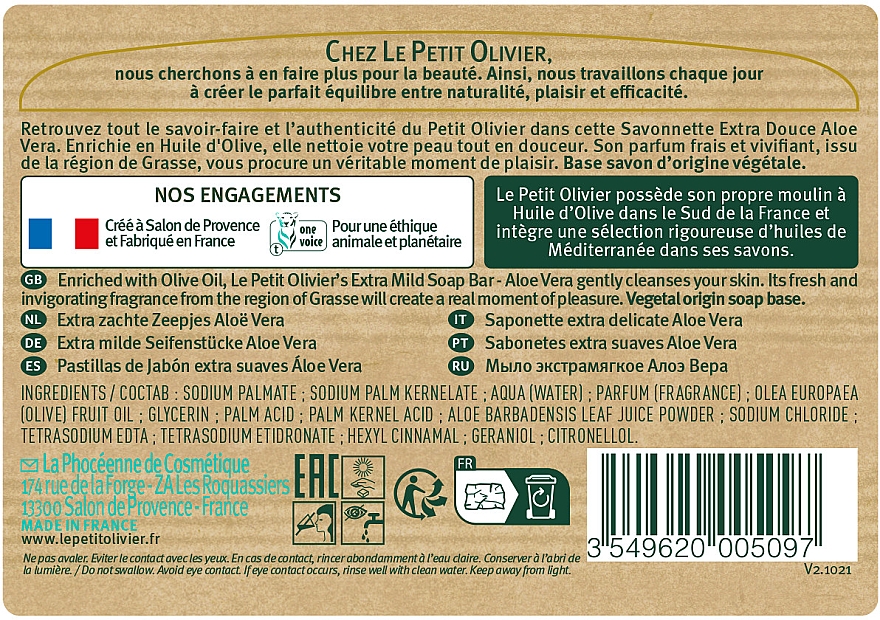 Bardzo delikatne mydło w kostce z ekstraktem z aloesu - Le Petit Olivier Aloe Vera — Zdjęcie N3