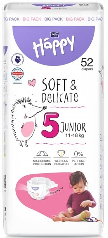 Pieluchy dziecięce 11-18 kg, rozmiar 5 Junior, 52 sztuki - Bella Baby Happy Soft & Delicate — Zdjęcie N1