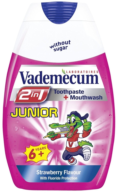 Truskawkowa pasta do zębów i płyn do płukania jamy ustnej dla dzieci - Vademecum Junior 2 in 1 Toothpaste + Mouthwash — Zdjęcie N1