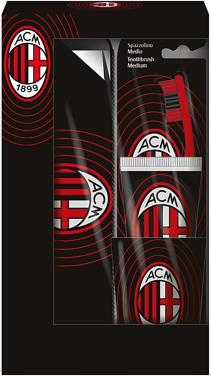 Zestaw - Naturaverde Football Teams Milan Oral Care Set (toothbrush/1pc + toothpaste/75ml + acc/2pcs) — Zdjęcie N1
