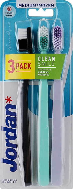 Szczoteczki do zębów średnie, czarna, miętowa, fioletowa - Jordan Clean Smile Medium — Zdjęcie N1