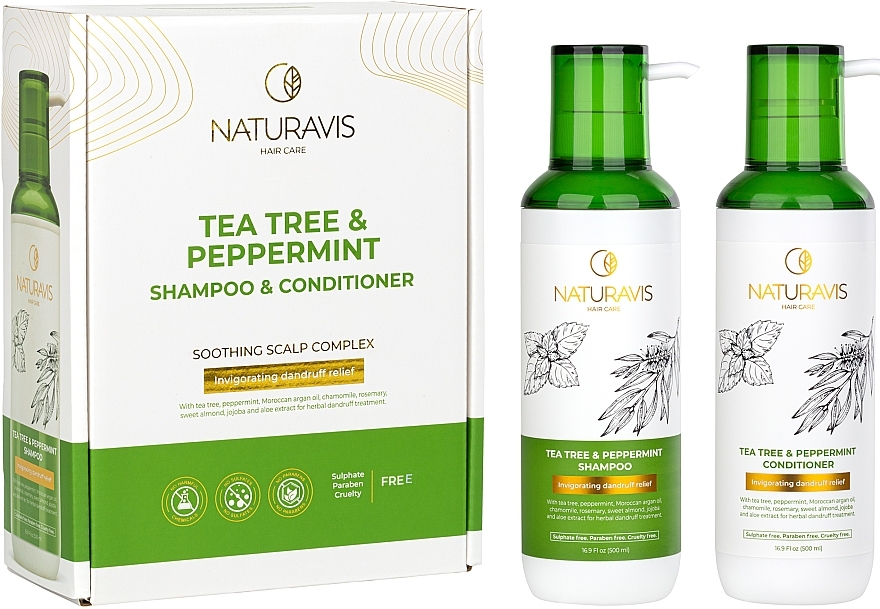 PRZECENA! Zestaw do włosów Drzewo herbaciane i mięta pieprzowa - Naturavis Tea Tree & Peppermint Shampoo & Conditioner Set (shm/500 ml + cond/500 ml) * — Zdjęcie N1