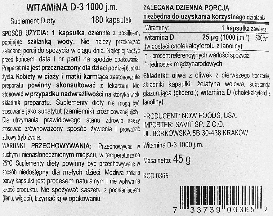 Kapsułki żelatynowe Witamina D3 - Now Foods Vitamin D3 1000 IU — Zdjęcie N3