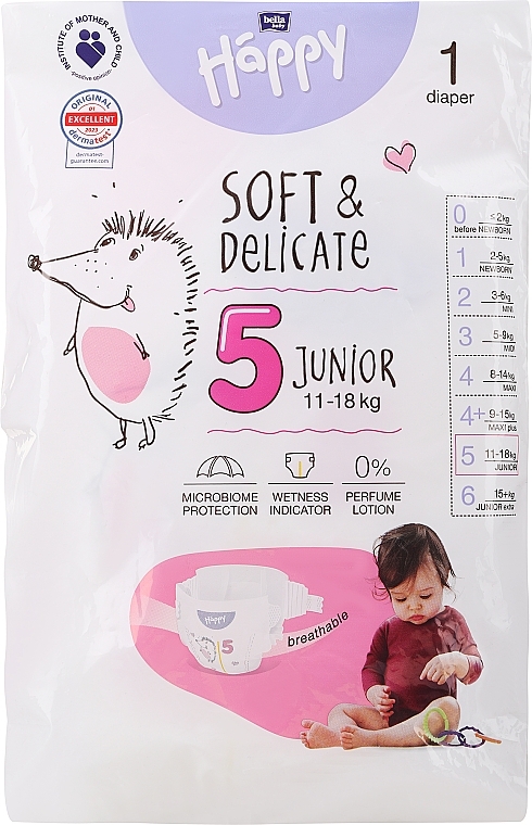 Pieluchy dziecięce 11-18 kg, rozmiar 5 Junior, 1 sztuka - Bella Baby Happy Soft & Delicate — Zdjęcie N1