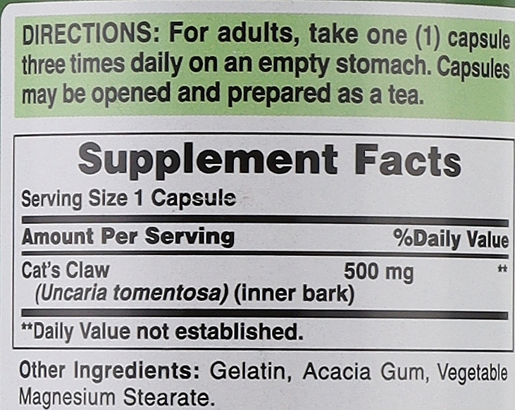 Suplement diety Koci Pazur, 500 mg - Puritan's Pride Cat's Claw — Zdjęcie N3