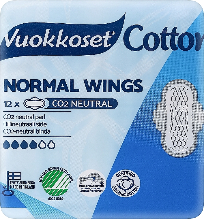 Podpaski ze skrzydełkami, 12 szt. - Vuokkoset Cotton Normal Wings Sensitive — Zdjęcie N1