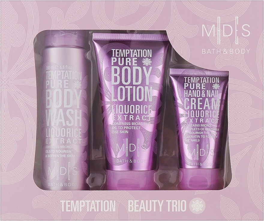 Zestaw kosmetyków do ciała - Mades Cosmetics M|D|S Bath & Body-Temptation Pure beauty trio (sh/gel/200ml + b/lot/150ml + h/cr/75ml) — Zdjęcie N1