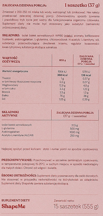 Odżywczy koktajl białkowy dla aktywnych kobiet Truskawka ze śmietanką - Health Labs Care ShapeMe — Zdjęcie N3