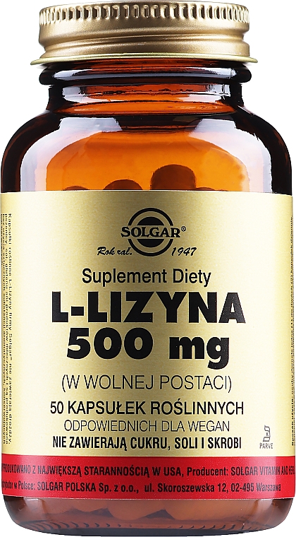L-Lizyna w kapsułkach, 500 mg - Solgar L-Lysine — Zdjęcie N1
