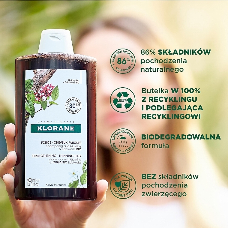 Wzmacniający szampon do włosów cienkich i skłonnych do wypadania - Klorane Force Tired Hair & Hair Loss Shampoo with Organic Quinine and Edelweiss  — Zdjęcie N3