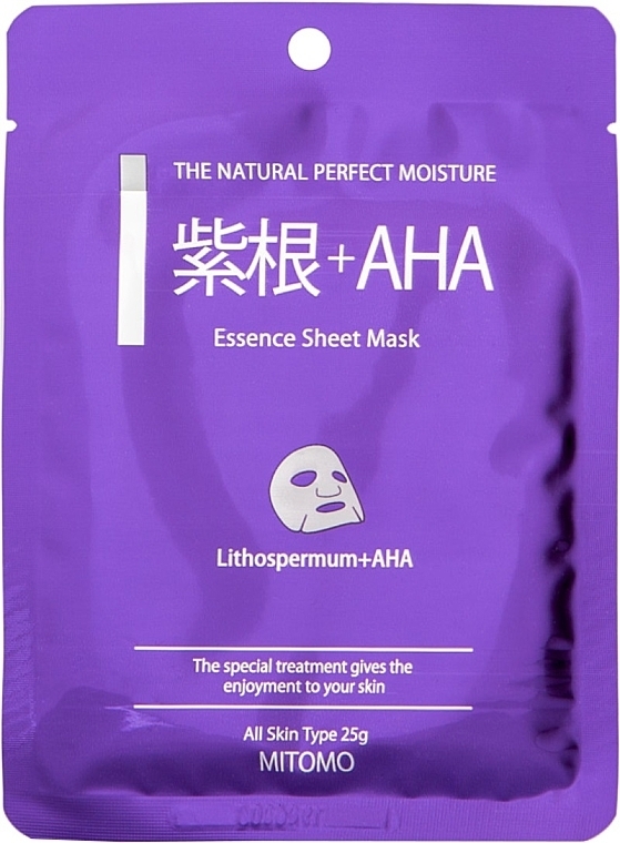 Maska w płachcie z ekstraktem z korzenia nawrotu lekarskiego i kwasami AHA - Mitomo Lithospermum + AHA Essence Sheet Mask — Zdjęcie N1