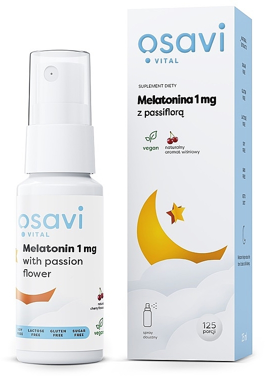 Suplement diety Melatonina w sprayu, 1 mg, wiśnia - Osavi Melatonin Passiflora — Zdjęcie N1