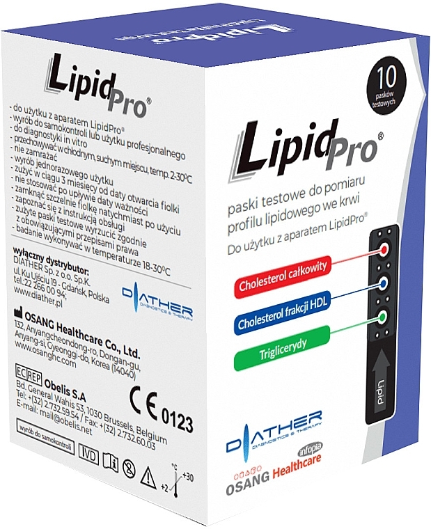 Paski testowe do pomiaru stężenia cholesterolu i lipidów we krwi - Diather Diagnostics & Therapy LipidPro — Zdjęcie N1