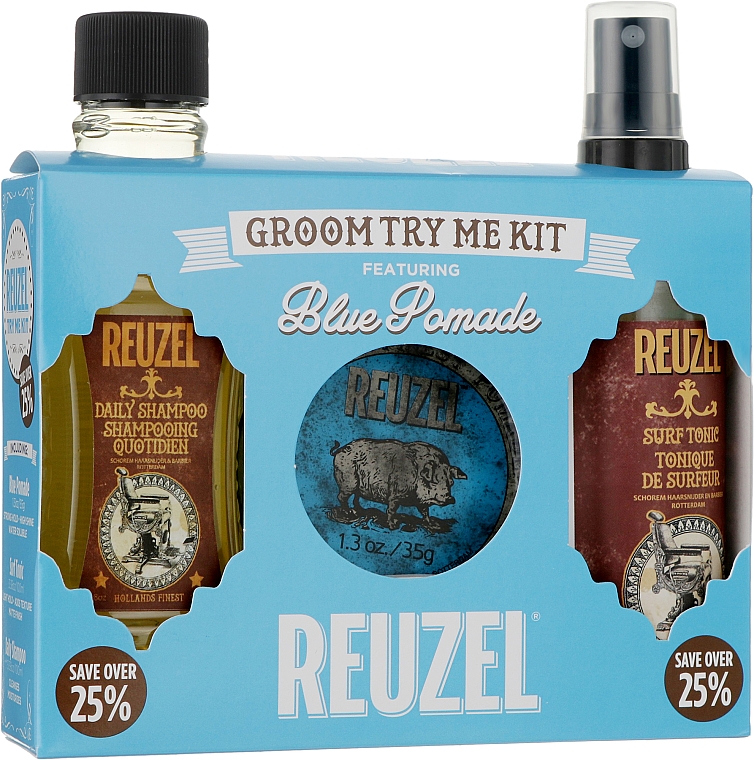 Zestaw do makijażu - Reuzel Blue Kit (h/pomade/35g + h/tonic/100ml + shm/100ml) — Zdjęcie N1