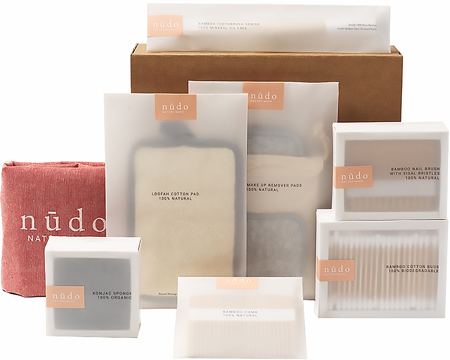 Zestaw - Nudo Nature Made Starter Kit (cotton buds 200 pcs + h/brush + n/brush + toothbrush + sh/sponge + f/sponge + bag + pads) — Zdjęcie N1