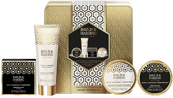 Zestaw - Baylis & Harding Sweet Mandarin & Grapefruit Luxury Pamper Tin Gift Set (sh/cr/50ml + b/butter/50ml + h/cr/50ml + soap/50g) — Zdjęcie N1