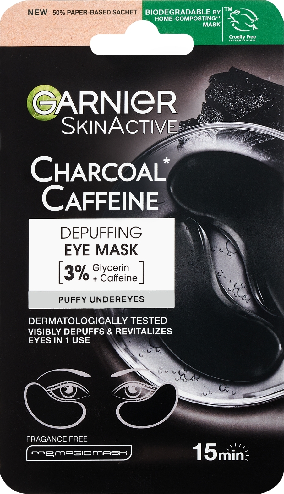 Kojące płatki pod oczy - Garnier SkinActive Charcoal Caffeine Depuffing Eye Mask — Zdjęcie 5 g