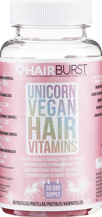 PRZECENA! Witaminy w pastylkach do ssania na porost i wzmocnienie włosów dla wegan - Hairburst Unicorn Vegan Hair Vitamins * — Zdjęcie N1