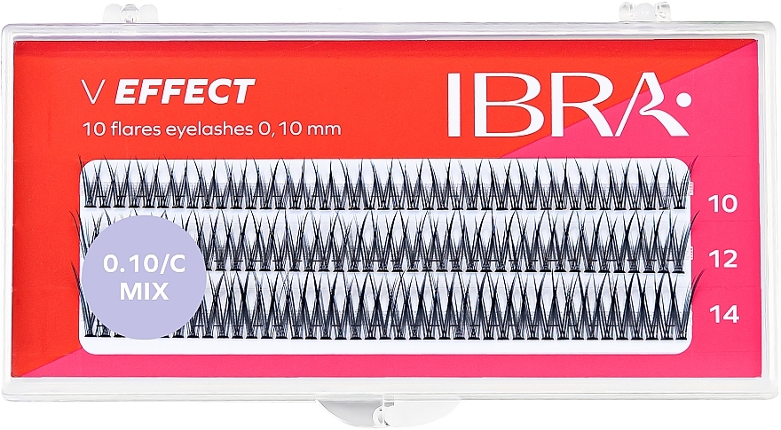 Kępki rzęs efekt V, C 0,10, mix rozmiarów		 - Ibra 10 Flares Eyelash Mix V Effect — Zdjęcie N1