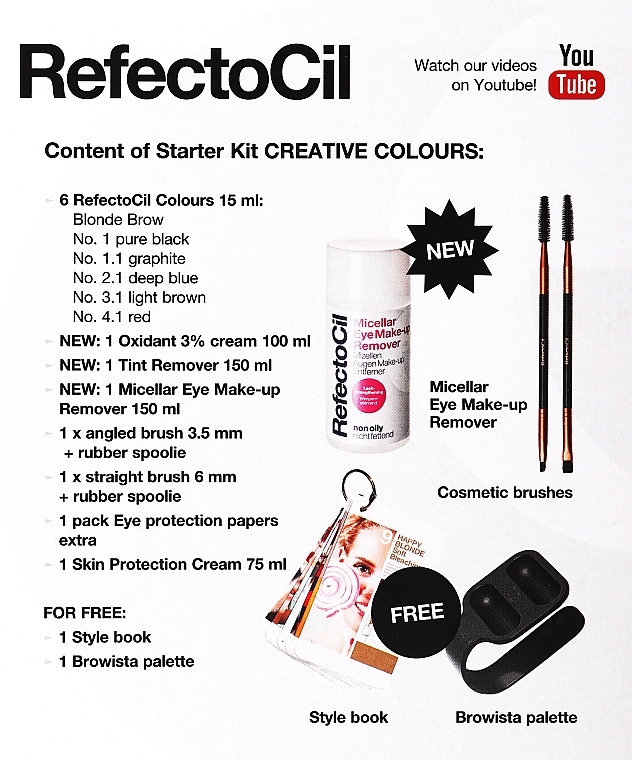 Zestaw do koloryzacji rzęs i brwi - RefectoCil Starter Kit Creative Colours (cr 75 ml + 2 x fluid 100 ml + oxidant 100 ml + 6 x h/color 15 ml + 80 x paper + 5 x brush + palette + disc + bag) — Zdjęcie N3