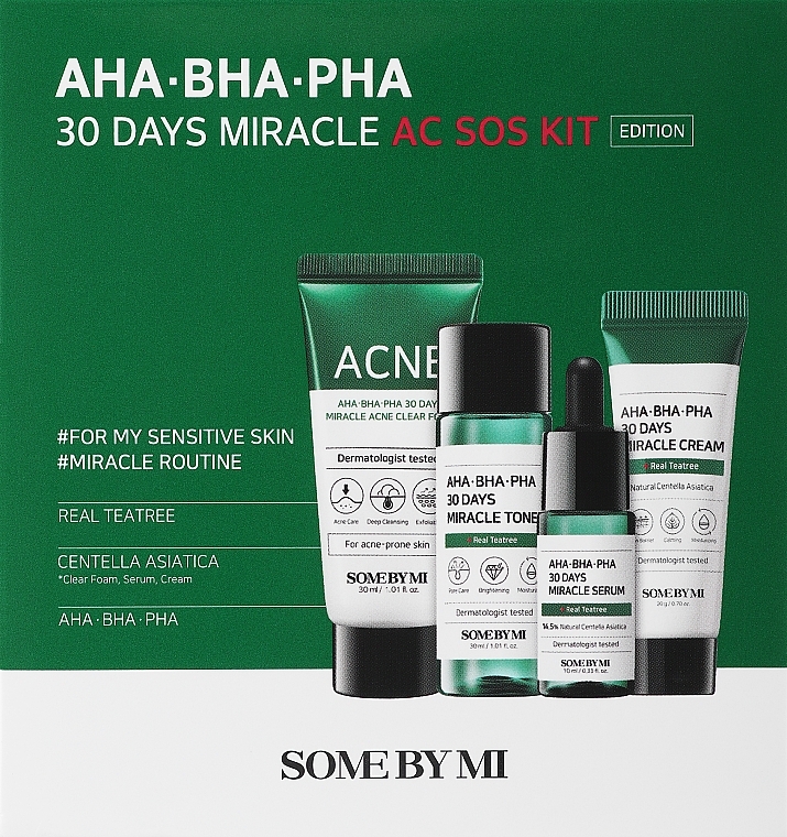 PREZENT! Zestaw miniatur do cery problematycznej - Some By Mi Aha-Bha-Pha 30 Days Miracle Ac Sos Kit (f/foam/30ml + f/toner/30ml + f/ser/10ml + f/cr/20ml) — Zdjęcie N1