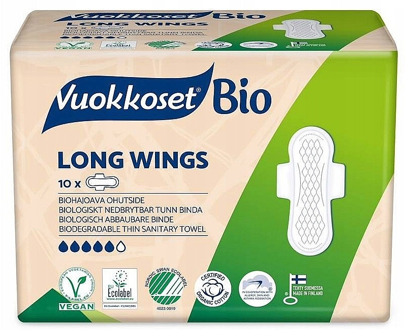 Podpaski higieniczne ze skrzydełkami, 10 szt. - Vuokkoset BIO Long Wings — Zdjęcie N1