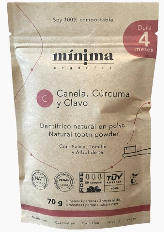 Naturalny proszek do zębów w kompostowalnej papierowej torebce Cynamon, goździk i kurkuma - Minima Organics Natural Tooth Powder  — Zdjęcie N1