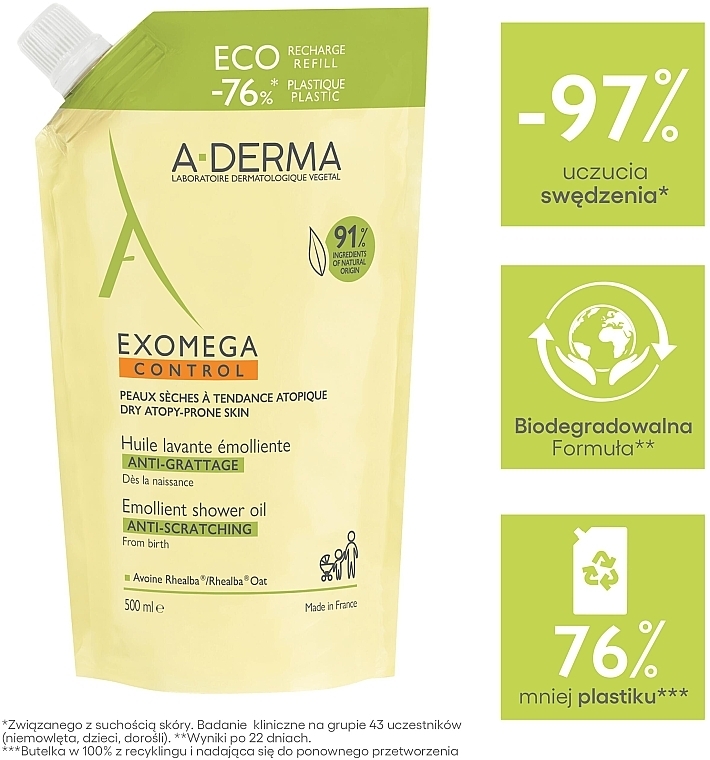 Oczyszczający olejek pod prysznic i do kąpieli - A-Derma Exomega Control Emollient Shower Oil Eco Refill (wymienny wkład) — Zdjęcie N5