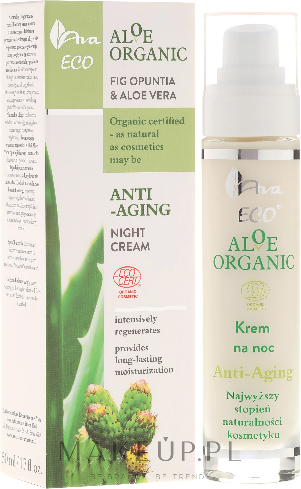 Przeciwstarzeniowy krem do twarzy na noc Opuncja i aloes - AVA Laboratorium Eco Aloe Organic Anti-Aging — Zdjęcie 50 ml