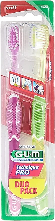 Szczoteczki do zębów, miękkie Technique Pro, jasnozielona + fioletowa - G.U.M Duo Pack Soft Toothbrush  — Zdjęcie N1